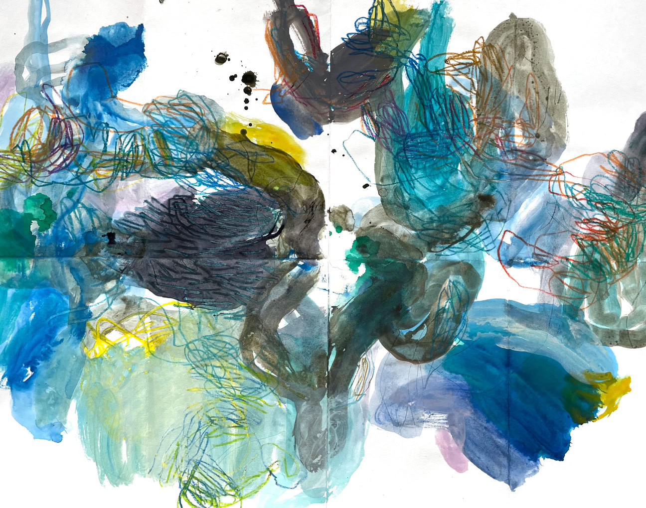 Peinture abstraite, acrylique encre, crayon sur papier, monotypie, pliage format 70 x 50 cm, 2023